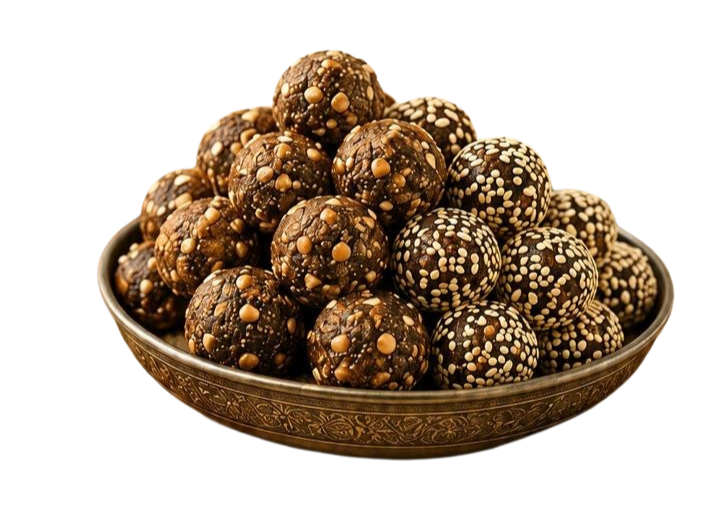 MatriAmrit Oorja Shakti Laddu - traditional laddus in a brass bowl