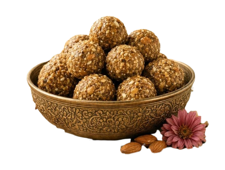 MatriAmrit Matra Shakti Laddu - Ayurvedic laddus in a brass bowl with almonds